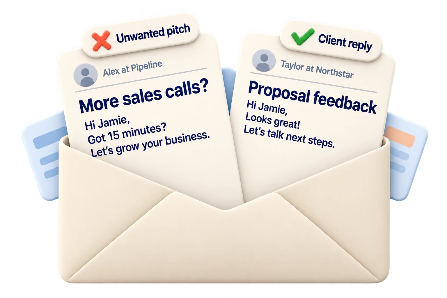 Two legitimate emails fan out of an envelope: an unwanted sales pitch is marked with a red X, while a client's reply about a proposal has a green check.