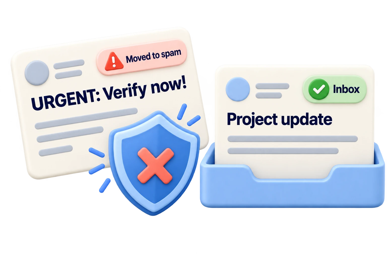 A suspicious urgent verification email is moved to spam, while a project update reaches the inbox.