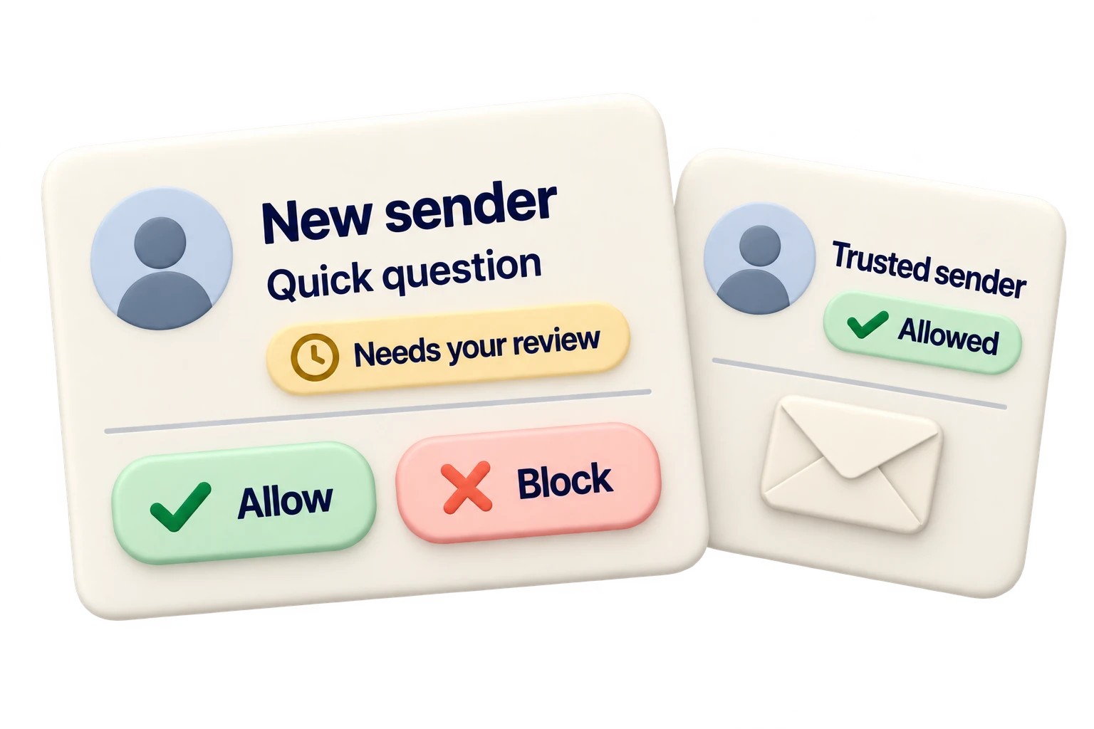 A new sender waits for an Allow or Block decision, while a trusted sender is already allowed.